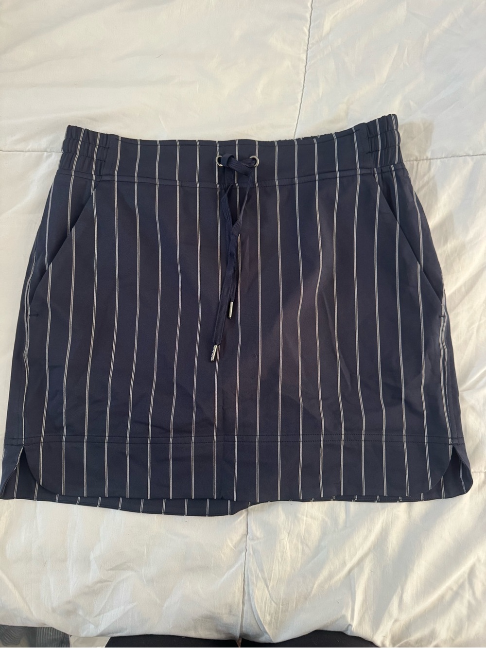 Athleta Women's Navy Pinstripe Drawstring Skirt with shorts